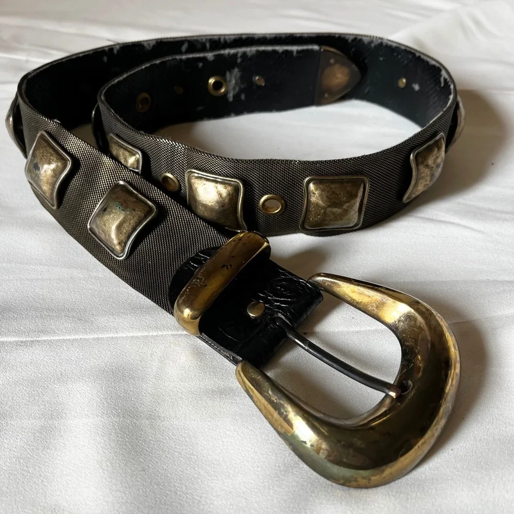Nanni Milano 80/32 Studded Mesh‎ Leather Belt Italy Brass Buckle